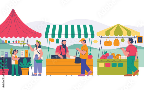 A vibrant outdoor market illustration showcasing customers browsing fresh produce, plants, and artisan goods at colorful stalls with friendly vendors and a lively atmosphere.