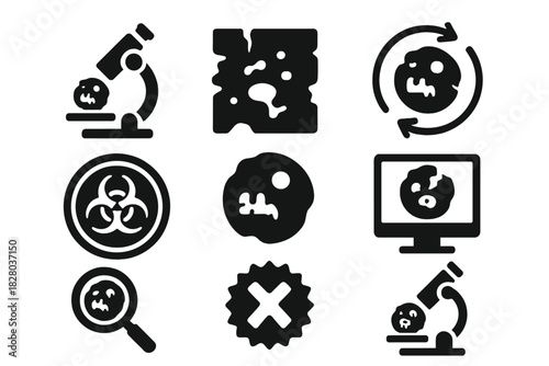 Zombie Cell Research Icons. Solid style icons of zombie cell research: microscope with undead cell icon, decaying tissue sample,