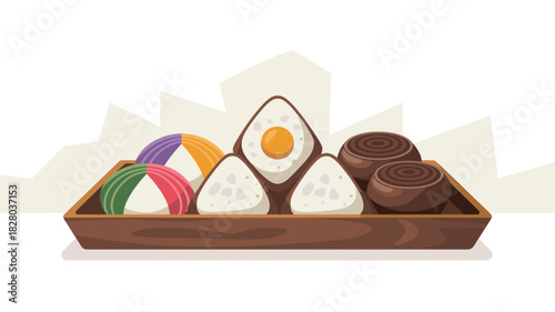 Delicious Asian Delights: A Vector Illustration of Traditional Japanese and Korean Desserts on a Wooden Tray, Perfect for Food-Related Designs