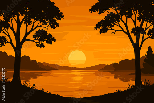 Golden Lake Sunset. Golden sunset over a tranquil lake framed by silhouetted trees, rich orange and yellow vector illustration