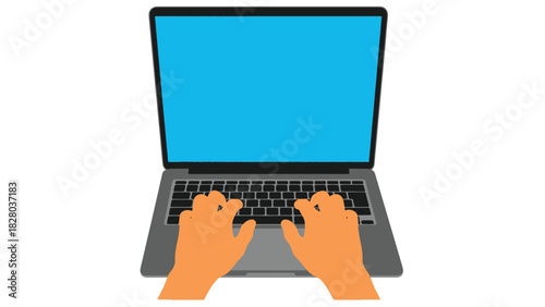 Vector Illustration of Hands Typing on Laptop Keyboard with Blank Blue Screen. Modern Notebook Computer for Remote Work, Online Communication, or Programming