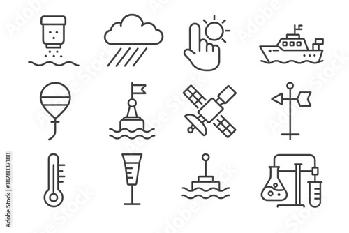 Climate Research Icons. Line style icons of Climate Research: Salt Aerosol, Cloud Reflectivity, Climate Intervention, Research