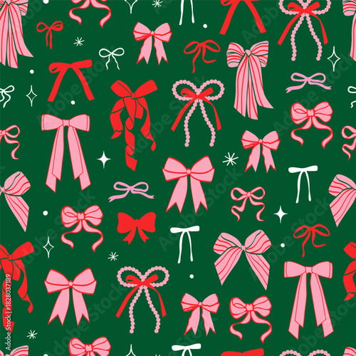 Coquette Christmas tree seamless pattern. Red and green festive cute background. Hand drawn doodle.