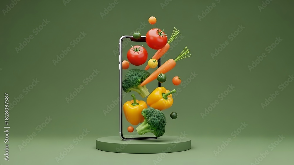 Fototapeta premium Vegetables Floating from Smartphone Screen on Green Background