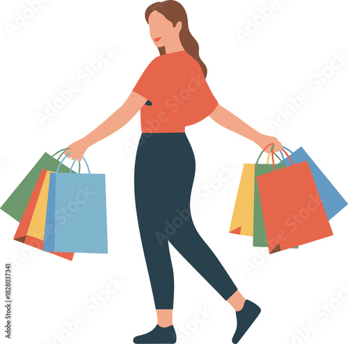 Woman happily carrying multiple shopping bags after a successful shopping trip