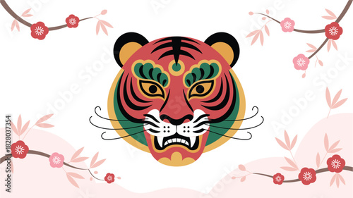 Graphic Illustration of a Tiger Head Surrounded by Plum Blossoms, Asian Art Style for Lunar New Year Decorations and Cultural Celebrations