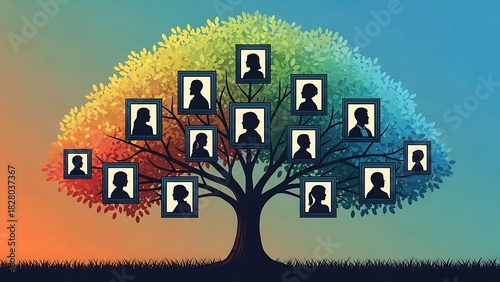 Family Tree Silhouette Portraits in Frames with Colorful Leaves