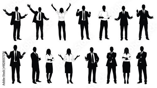 Collection of Business People Silhouettes in Various Poses - Vector Illustration Set