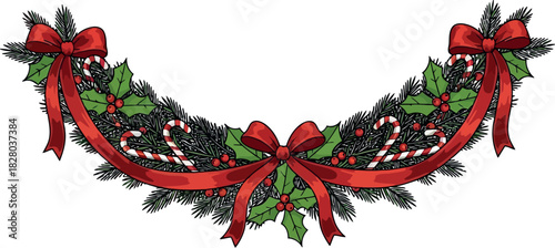 Festive christmas garland with red ribbon, candy canes, holly berries, and pine branches isolated on
