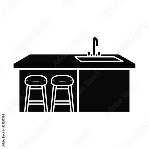 Black kitchen island with sink and two stools faucet