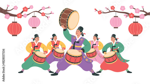Dynamic Korean Drummers Performing Traditional Dance Under Cherry Blossoms and Lanterns in Vibrant Costumes