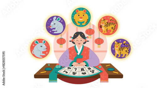 Korean Fortune Teller with Lunar Zodiac Animals: Rat, Tiger, Reading Korean Hangul on a Table, Representing Tradition and New Year Wishes
