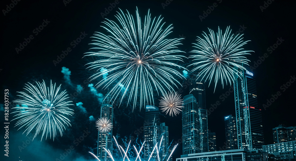 Fototapeta premium Night shot of teal fireworks in a dark sky, near buildings, representing celebration and festive atmosphere, suitable for holiday, event concepts