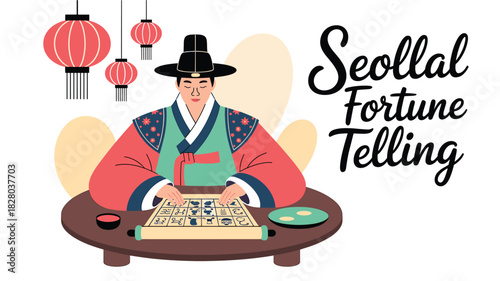 Seollal Fortune Telling Illustration: Korean New Year Tradition with Man in Hanbok and Korean Lanterns, Nostalgic and Cultural Heritage