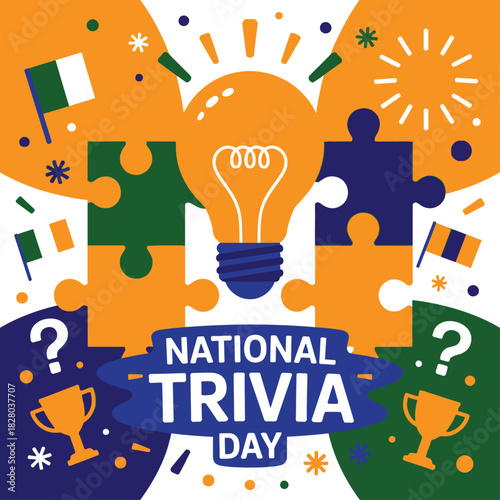 National Trivia Day lightbulb puzzle pieces and trophies graphic idea knowledge