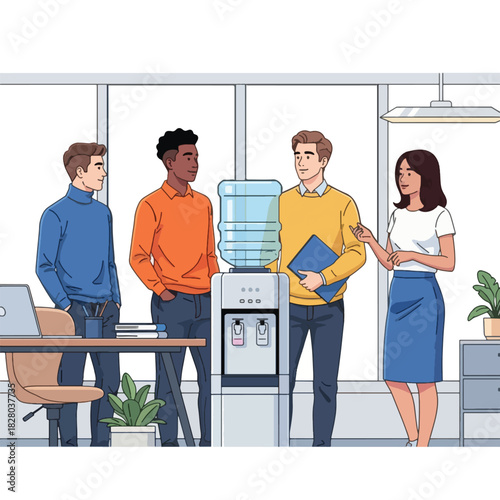 Four diverse office colleagues having a casual conversation around a water cooler