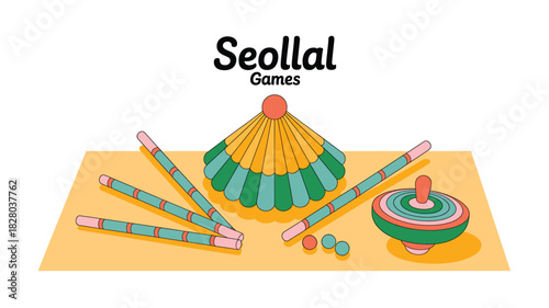 Seollal Traditional Games Illustration: Yut Nori Sticks, Paengi Spinning Top and Jegichagi Shuttlecock for the Korean New Year Celebration