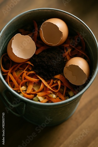 Home Kitchen Compost Bucket with Carrot Peels, Eggshells and Coffee Grounds, Sustainable Texture and Dirty Ecology
