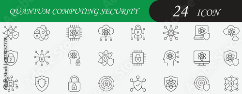 Quantum Security Outline Icon Set. Containing atom, encryption, shield, processor, and data flow symbols. Editable vector icon for high-tech projects, IT security, and presentations