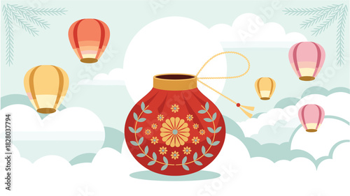 Charming Sky Lanterns with Floral Pouch and Clouds, Colorful Vector Illustration for Celebrations and Festive Occasions, Asian Inspired Decor