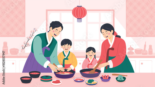 Family Preparing Seollal Dishes Together: A Celebration of Korean Lunar New Year in Hanbok, Sharing Culture and Joyful Traditions