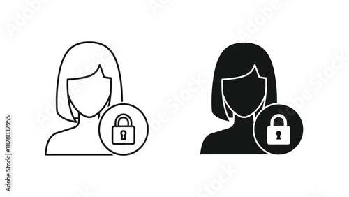 Secured Female User Profile Icon. Private Woman Account Symbol. Data Protection and Access Restriction Vector Illustration.