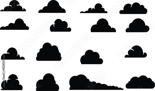 Collection of black cloud silhouettes on white background for graphic design