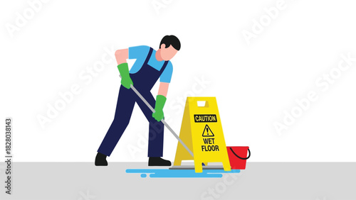 Professional Cleaner Mopping Wet Floor with Caution Wet Floor Sign