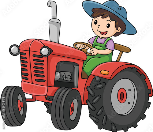 Cute cartoon farmer boy driving a red tractor vector illustration isolated on white background for kids education.