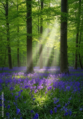 Sunlight shafts illuminating a carpet of deep blue and purple bluebells beneath a vibrant green beech forest canopy, flora, beech, trees