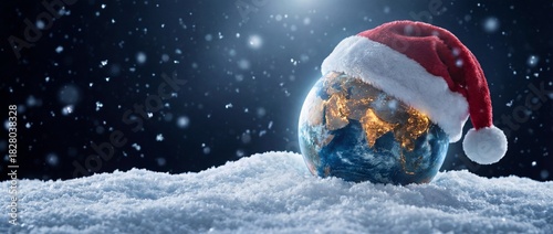 Planet Earth wearing a Santa hat celebrating the holidays in a snowy winter scene