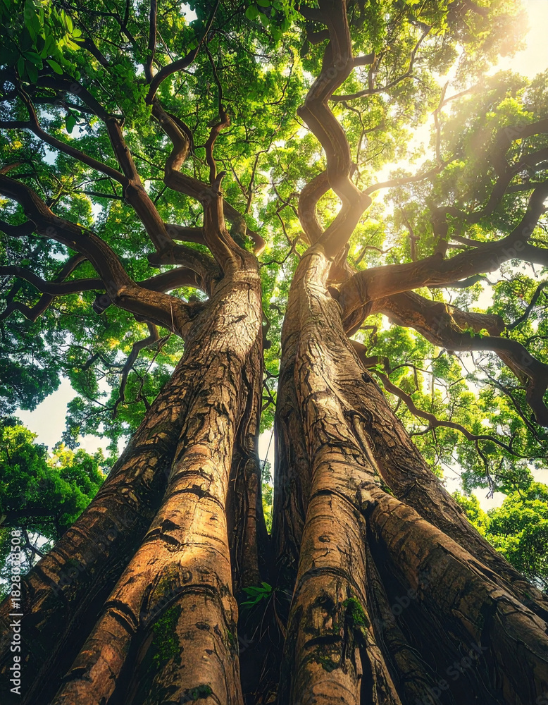 Fototapeta premium A single, tall tree has two massive, intertwining trunks that grow upwards together, sharing the same light.