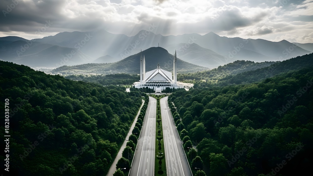 Fototapeta premium Faisal Mosque Islamabad Pakistan a modern architectural landmark with mountain backdrop aerial view
