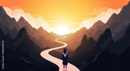 Graduate walks winding path towards bright sunrise