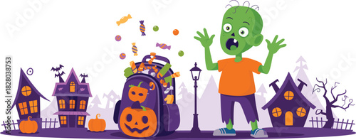 Horizontal Halloween banner featuring surprised green zombie boy with backpack full of candy in spooky street vector illustration.