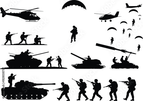Military silhouettes set featuring soldiers tanks helicopters and paratroopers in combat action vector illustration isolated on white.