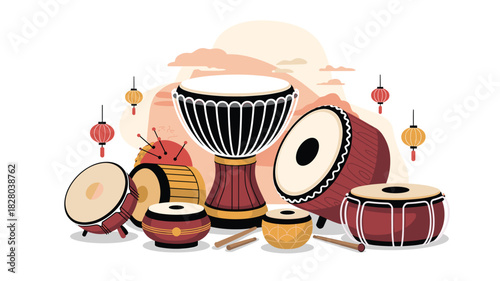 Chinese New Year Celebration with Traditional Drums and Lanterns: A Vibrant Illustration for Cultural Festivities and Artistic Designs