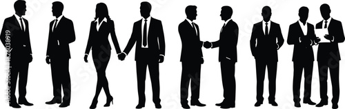 Business interaction silhouettes, professional poses in formal attire, teamwork and communication concept, corporate relationship vector illustration