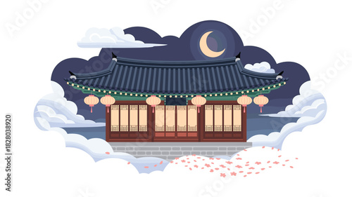 Dreamy Korean Traditional House Illustration with Moon, Clouds, and Lanterns: Asian Culture, Architecture, and Serene Nightscape Representation