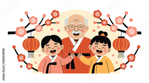 Korean New Year Celebration with Grandfather and Grandchildren in Traditional Hanbok Dress with Lanterns and Plum Blossoms, Happy Family Festive Season