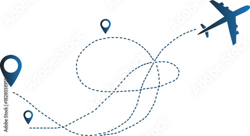 Conceptual graphic of air travel showing an aircraft's winding journey between multiple points on a map. Vector illustration of a flight route for vacation or business