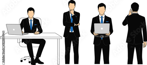 Business professional pose illustration, formal suit character series, laptop and phone gestures, corporate activity concept, vector drawing art