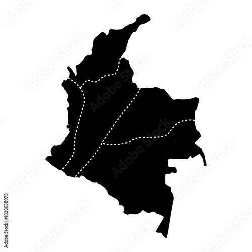 Colombia regional borders map. Black silhouette of Colombia with visible administrative borders vector illustration. Federal state territory division sign. Geographic and political boundary symbol.