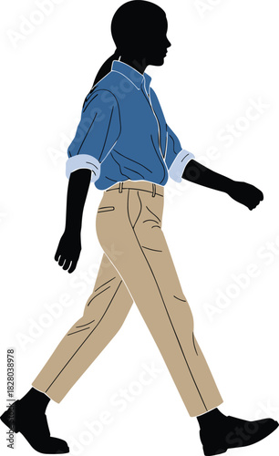 Casual walking figure illustration, person in blue shirt and beige pants, side profile motion concept, lifestyle vector drawing