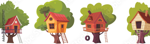 Set of cartoon treehouses on green trees with wooden ladders and balconies vector illustration collection.