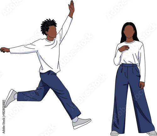 Dynamic and static pose illustration, two figures in motion and gesture, fashion and movement concept, vector character drawing art
