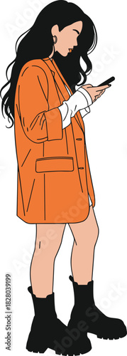 Fashion and tech illustration, person with smartphone in orange blazer, chunky boots style, urban digital pose, vector drawing art