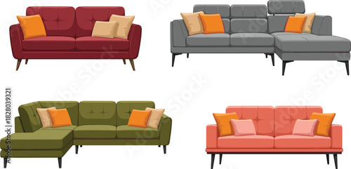 Modern sofa collection illustration, colorful couch designs with cushions, L-shaped and two-seater styles, interior furniture vector drawing