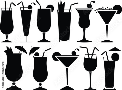 Set of cocktail silhouettes vector icons featuring tropical drinks with umbrellas straws and fruit garnishes.