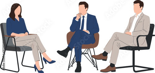 Professional discussion illustration, three seated individuals in business attire, formal meeting or interview concept, vector drawing art